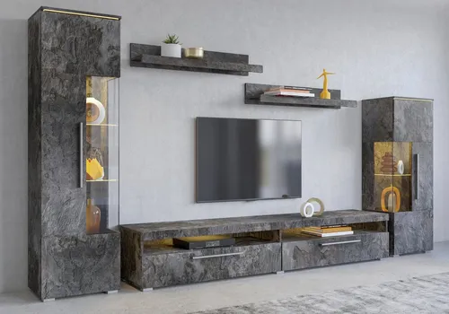 INOSIGN Wohnwand India 290cm - Moderne Mediawand in schieferfarben, bestehend aus 2 Vitrinen, 1 TV-Schrank und 2 Wandregalen. Bietet viel Stauraum und ist aus FSC®-zertifiziertem Holzwerkstoff gefertigt.