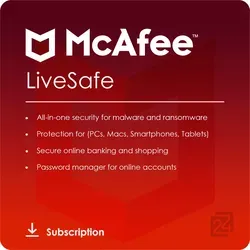 McAfee LiveSafe 2025 - Security-Suite mit umfassendem Schutz für PCs, Macs und mobile Geräte. Schützen Sie Ihre Daten und Identität mit preisgekröntem Virenschutz und einem Passwortmanager.