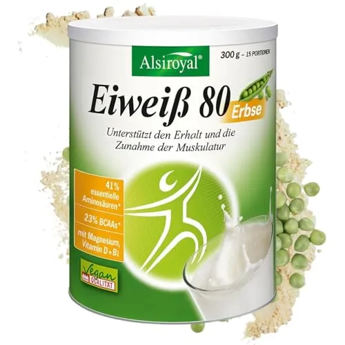 Alsiroyal Eiweiß 80 Erbse 300g - Veganes Proteinpulver - Protein Shakes & Muskelaufbau, laktosefrei und ideal für Veganer, unterstützt Muskelzuwachs mit wertvollen Aminosäuren und Vitaminen.
