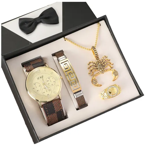 ibettertec Geschenkbox Geschenkbox 4PCS Geschenk für Männer Herrenuhr Gürtel Set (Mann Männer Geburtstag Hochzeitstag Geschenke, Geburtstag, Vattertag, Valentinstag Geschenk,Weihnachtsgeschenk, 4 St), Quarzuhren,Armbänder, Halsketten, Ringe, Goldene