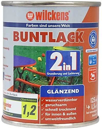 Wilckens Buntlack 2in1 RAL1021 Rapsgelb Glänzend 0,125l - Vielseitiger Buntlack für Innen und Außen, kombiniert Grund- und Deckanstrich in einem Schritt. Licht- und wetterbeständig, ideal für Holz, Metall und Hart-PVC. Einfach anzuwenden und schnell trocknend.