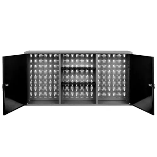 Kreher Werkstattschrank aus Metall mit Lochwand - Werkzeugschrank mit zwei abschließbaren Türen, höhenverstellbaren Einlegeböden und integrierter Lochwand. Ideal für Werkstatt, Garage oder Hobbyraum, sorgt für Ordnung und Sicherheit.