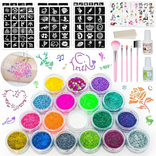 Gigmeta Glitzer Tattoo Set, 18 Farben Temporäre Glitzertattoo mit 138 Schablonen, 5 Pinsel, 3 Cartoon-Aufkleber, 2 Kleber und 1 Schwamm