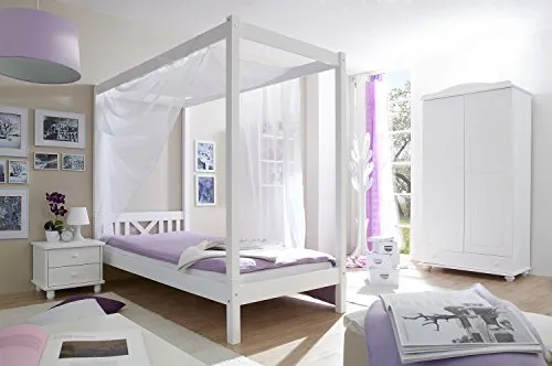 TiCAA Himmelbett Einzelbett LaLuna Kiefer - Betten: Das stilvolle Himmelbett 'LaLuna' aus massiver Kiefer bietet hohe Stabilität und vielfältige Dekorationsmöglichkeiten für Ihr Schlafzimmer.