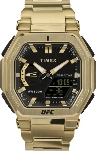 Timex Herrenuhr UFC Strength Colossus - Armbanduhren mit Edelstahlgehäuse, 10 ATM wasserdicht und vielseitigen Funktionen wie Stoppuhr und Weltzeit für aktive Männer.