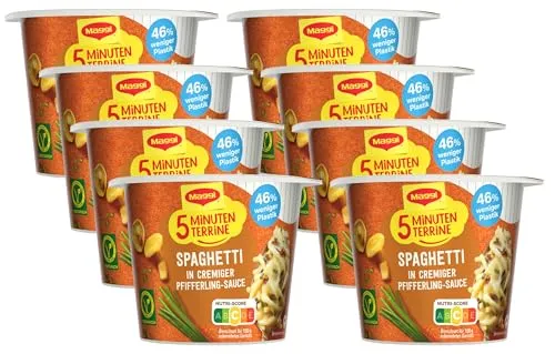 MAGGI 5 Minuten Terrine Spaghetti in cremiger Pfifferling-Sauce, leckeres Fertiggericht mit Instant Nudeln, Pasta-Snack in cremiger Pilz-Sauce, 8er Pack (8 x 54g)