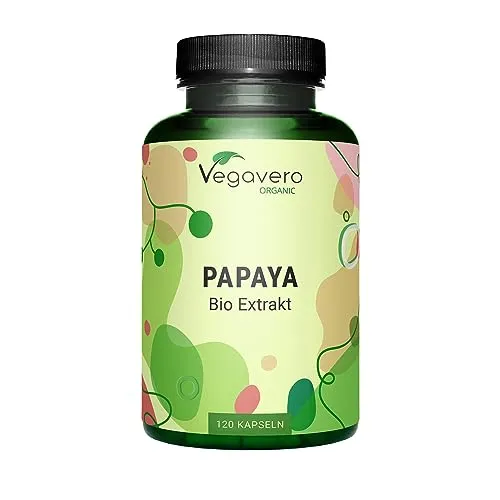 Vegavero Papaya Extrakt hochdosiert (120 Kapseln) - 1400 mg Carica Papaya mit Papain - Bio-Papayas aus Spanien – Mit Verdauungsenzymen zur natürlichen Darmreinigung - Vegan & laborgeprüft