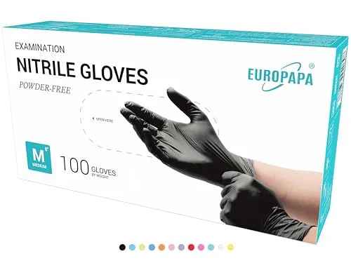EUROPAPA® 100x Nitrilhandschuhe Box Einweghandschuhe, Einmalhandschuhe, Untersuchungshandschuhe, Nitril Handschuhe, puderfrei, ohne Latex, unsteril, latexfrei, disposible gloves (M, Schwarz)