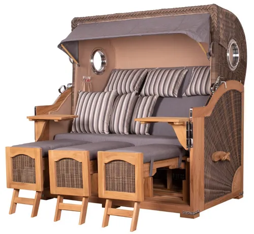 Strandkorb Ammersee Grande XXL - Teak Bullauge - PE grau - Modell 544 - Genießen Sie maritimen Komfort im Garten mit dem Strandkorb Ammersee Grande XXL. Robustes Teakholz, wetterfestes Design und ein flexibles Liftersystem sorgen für höchsten Sitz- und Liegekomfort. Ideal für entspannte Stunden im Freien.