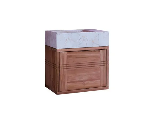Tikamoon Badunterschrank aus Teakholz mit Marmorwaschbecken - Eleganter Badunterschrank aus FSC® Teakholz mit cremefarbenem Marmorwaschbecken. Wandmontage für mehr Platz, inkl. praktischem Push-to-open-System. Ideal für stilvolle Badezimmergestaltung!