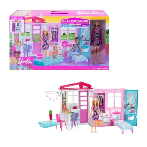 Barbie-Haus mit Küche, Schlafzimmer, Badezimmer und Pool - Puppenhaus für Barbie, tragbar und komplett eingerichtet mit vielen Spielmöglichkeiten, ideal für Kinder ab 3 Jahren.