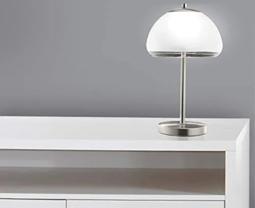 Trango DALLAS Schreibtischlampe - Moderne Tischlampe in Nickel matt mit satinierter Glasschirm, ideal für gemütliche Beleuchtung in Schlafzimmer und Büros. Inkl. 5 Watt LED Modul für warmweißes Licht.