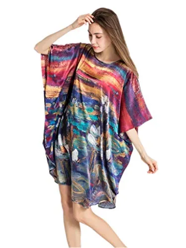 Prettystern Damen Kunst-Druck SeidenNachthemd Schlafkleid lang Schlafhemd Reine 100% Seide Nachthemden Tunika Silk Pyjama Monet Seerosen YBP