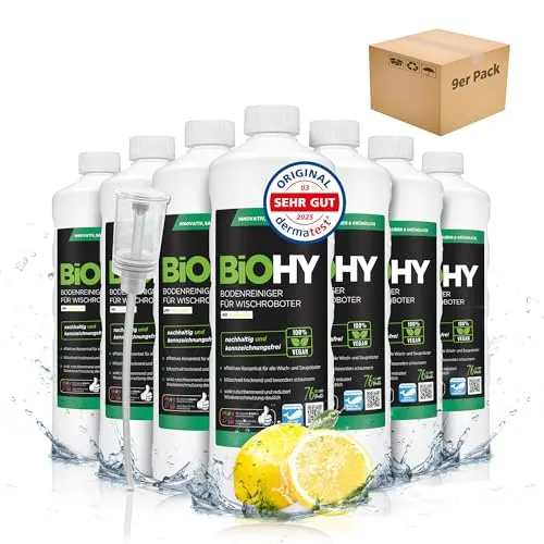 BiOHY Bodenreiniger für Wischroboter (9 x 1 Liter) + Dosierer | Reinigungsmittel Konzentrat für alle Wisch & Saugroboter mit Nass-Funktion | Schaumarm & Streifenfrei | Für alle Böden