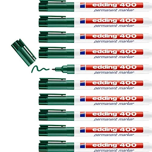 edding 400 Permanentmarker - grün, 10 Stifte, feine Rundspitze - Vielseitiger Permanentmarker für präzise Markierungen auf verschiedenen Oberflächen. Schnelltrocknend, wischfest und wasserfest – ideal für Büro und Zuhause. Perfekt für klare, dünne Linien.