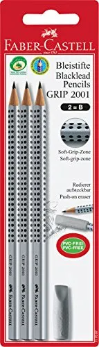 FABER-CASTELL 117097 - Bleistift GRIP 2001, Härtegrad B, 3er Packung mit einem Radierer