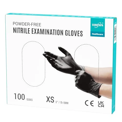 EUROPAPA 100x Nitrilhandschuhe Box Einweghandschuhe, Einmalhandschuhe, Untersuchungshandschuhe, Nitril Handschuhe, puderfrei, ohne Latex, unsteril, latexfrei, disposible gloves (XS, Schwarz)