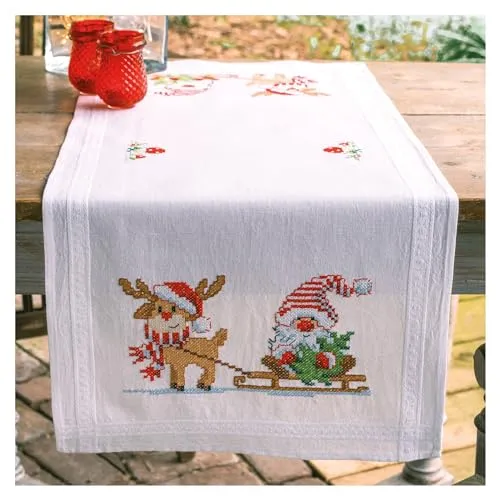 VERVACO Stickpackung Kreuzstich Set Vorgedruckt Tischläufer Wichtel und Rentier Stickdecken Vorgezeichnet Basteln Erwachsene Kreativ Stickläufer zum Selbersticken 40 x 100 cm Stickset Weihnachten