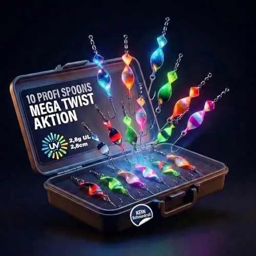 Njord Kalastus Mega Twist Spoons Set 2025 | 10 Stück Forellen Köder in praktischer Box - Entdecken Sie das Mega Twist Spoons Set 2025 für Forellenangeln! 10 hochwertige Köder in UV-aktiven Farben, ideal für unvergessliche Angeltage. Mit praktischer Box für optimale Aufbewahrung und Schutz.