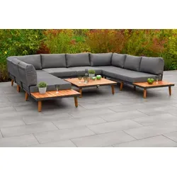 Merxx Akropolis Lounge Set: Stilvolles Eckbank-Set mit Auflagen und Tisch - Gartenmöbel-Set aus Aluminium und Akazie, inkl. komfortabler Kissen und seitlichen Ablagen für Getränke und Snacks – ideal für entspannte Stunden im Freien.