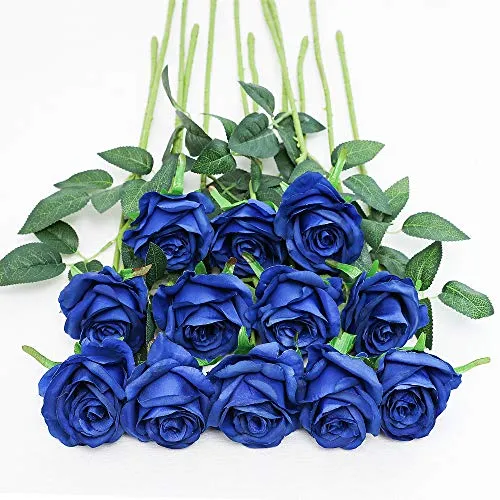 Tifuly 12 PCS Künstliche Rosen, 19,68 '' Single Long Stem Fake Rose Seide Braut Hochzeitsstrauß Realistische Blume für Hausgarten Party Hotel Büro Dekor (Blossom Roses, Blau)