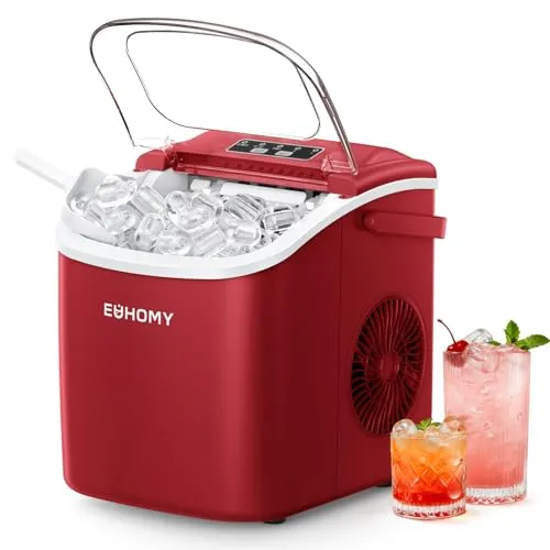 EUHOMY Eiswürfelmaschine Kleine - 9 Eiswürfel in 6 Minuten, Selbstreinigend, Mit Tragegriff und Eiskorb, 12 KG/Tag, Für Küche, Zuhause, Camping, RV, Rot
