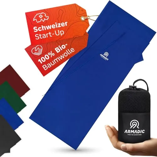 Armadic Hüttenschlafsack aus 100% Bio-Baumwolle mit Reißverschluss (nur 380g) - Ultra leicht, klein und dünn. Reiseschlafsack, Schlafsack Inlett I Ideal für Backpacking, Hostels und Berghütten (Blau)