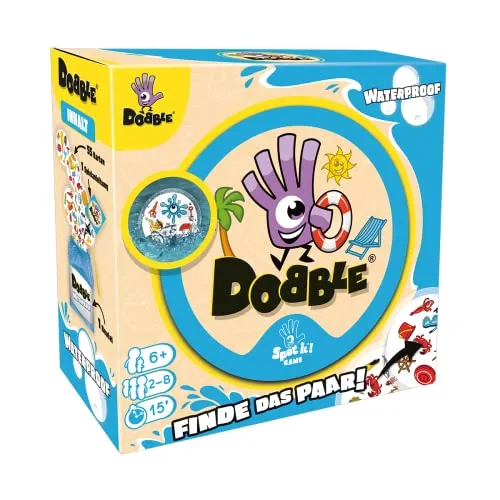Zygomatic Dobble Waterproof - Wasserdichtes Kartenspiel für die ganze Familie - Gesellschaftsspiel für 2-8 Spieler, ab 6 Jahren. Mit wasserdichten Karten für Spaß im Wasser und 5 Spielvarianten.
