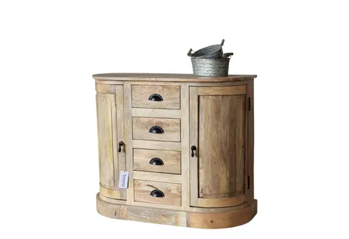 baario Kommode GUILLON halbrund, braun aus Massivholz - Elegante halbrunde Kommode aus massivem Mangoholz mit edler Schnitzerei und Antik-Finish. Praktische zwei Türen und vier Schubladen bieten viel Stauraum. Ein einzigartiges Möbelstück, das jedem Raum einen Hauch von Barock verleiht.
