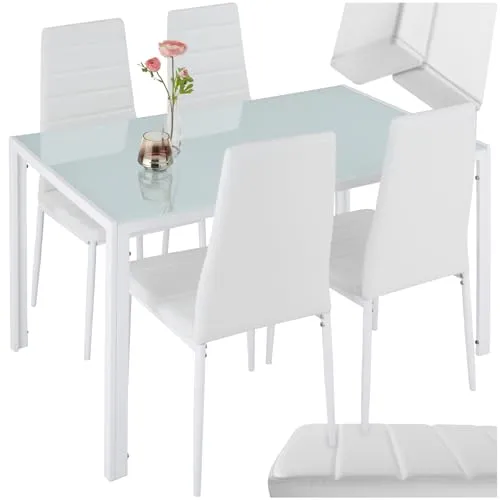 tectake® 5-teiliges Esszimmergruppe mit Kunstlederbezug - Essgruppen-Set mit elegantem Design, hoher Sitzkomfort und pflegeleichtem Kunstlederbezug für jede Wohnumgebung.