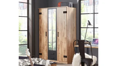 Kleiderschrank Liverpool - Drehtürenschrank in Plankeneiche mit Spiegel - Kleiderschrank für Jugendliche, 135 cm breit, mit Kleiderstange, Schubfächern und Spiegel - ideal für ein aufgeräumtes Jugendzimmer.