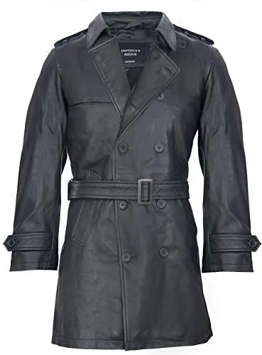Infinity Leather Herren Schwarz German Military WW2 Jahrgang Lange Regenmantel Echtlederjacke 2XL