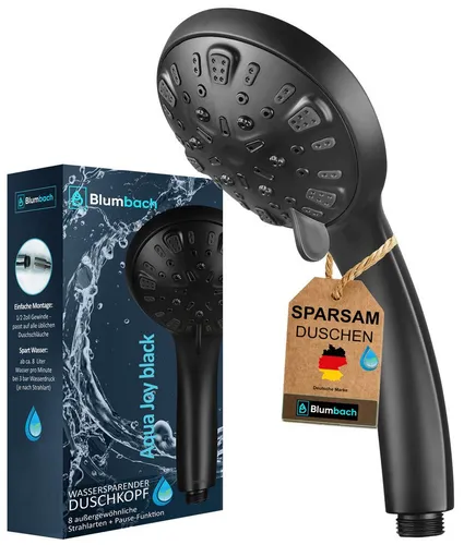 BLUMBACH® Hochdruck Duschkopf schwarz - Wassersparend mit 8 Strahlarten - Handbrausen mit 8 Strahlarten für ein individuelles Duschvergnügen. Sparen Sie bis zu 55% Wasser bei hohem Druck - ideal für die ganze Familie!