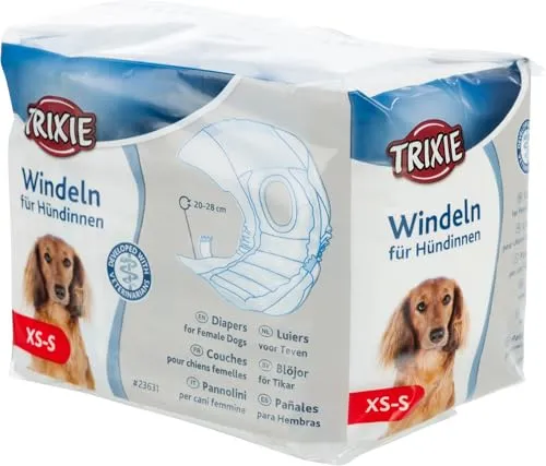 TRIXIE Hundewindeln für Hündinnen, XS-S (20-28 cm), 12 Stück - zuverlässiger Schutz bei Inkontinenz und Läufigkeit mit praktischer Rutenöffnung