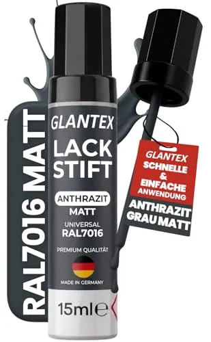 GLANTEX Lackstift Anthrazit Matt [12ml] – RAL 7016 Grau Matt – Hohe Deckkraft gegen Kratzer & Steinschläge – für Auto, Terrassendächer, Möbel, Metall u.v.m.