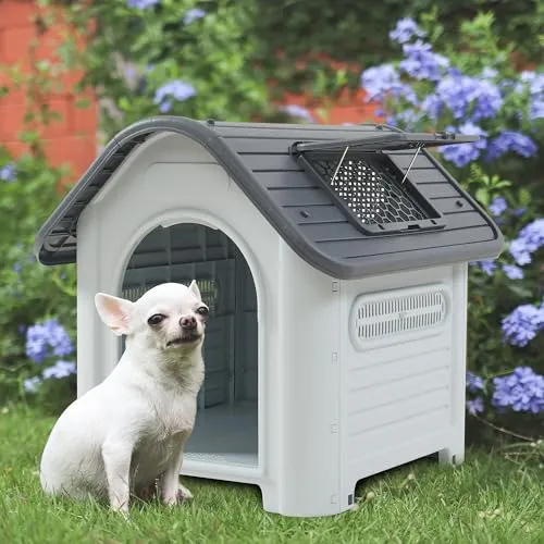 [en.casa] Hundehütte Outdoor Bello – wetterfestes Hundehaus mit Dachluke und Lüftungsschlitzen, 87 x 72 x 75 cm - Hundehütten – Wetterfeste Konstruktion mit erhöhtem Boden für optimalen Schutz vor Kälte und Nässe, ideal für einen kuscheligen Rückzugsort für Ihren Hund.