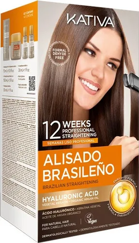 Kativa Brazilian Straightening Kit mit Keratin - Haarpflege für glattes, glänzendes Haar - Sonstige Gesichtspflegeartikel: Keratin-Haarglättungsset für alle Haartypen, mit langanhaltendem Effekt bis zu 10 Wochen, pflegt und spendet Feuchtigkeit dank Arganöl.