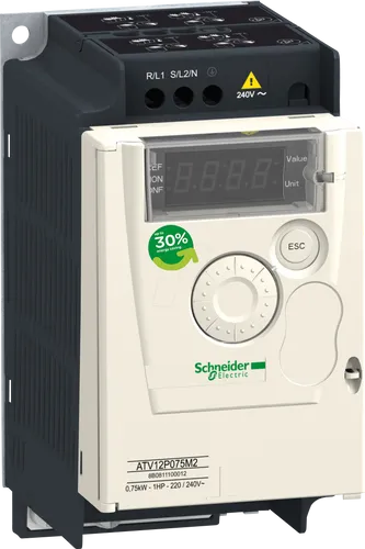 ATV12P075M2 - 1-phasiger Frequenzumrichter 0,75 kW - Frequenzumrichter für 200-240 V, kompakt mit integriertem EMV-Filter, ideal für präzise Steuerung und effizienten Betrieb in industriellen Anwendungen.