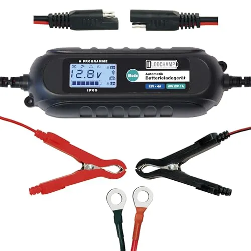 LODCHAMP 4A Intelligentes Batterieladegerät - Vollautomatisches 6V/12V KFZ-Ladegerät mit Desulfator und LCD-Display für verschiedene Batterietypen. Ideal für Auto, Motorrad und Boot, bis 120Ah bei Erhaltungsladung.
