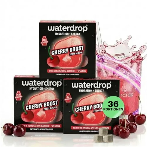 waterdrop® Microenergy CHERRY – 36 Waterdrop Drops Würfel mit natürlichem Koffein 90mg – Alternative zu Energy Drinks – Zuckerfreies Geschmackspulver für Getränke – Flavour Drops im Wasser auflösen