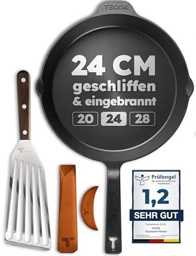 TECOR Gusseisenpfanne 24 cm - Universell einsetzbare Pfanne für alle Herdarten - Pfannen - Langlebige Gusseisenpfanne mit selbstverbessernder Antihaftwirkung, ideal für Elektro, Gas, Induktion und mehr. Perfekte Hitzeverteilung für optimale Kochergebnisse!