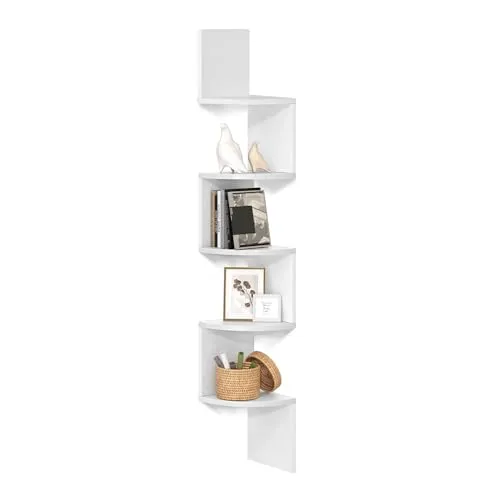 Vasagle Wandregal LBC72WT - Weißes Eckregal mit 5 Ebenen - Büroregal im modernen ZickZack-Design, ideal für platzsparende Aufbewahrung mit 5 stabilen Ebenen und einfacher Montage.