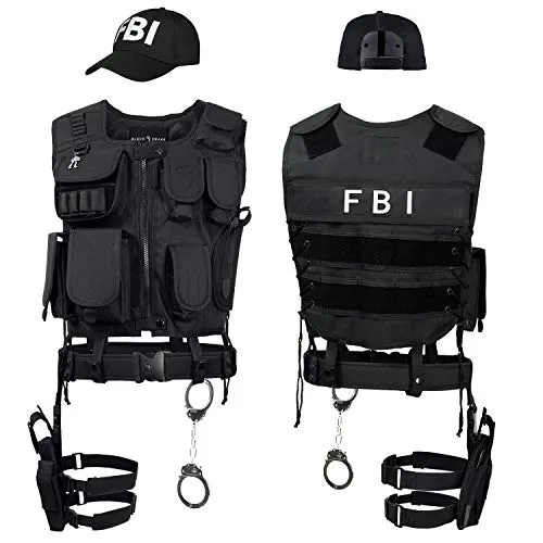 Black Snake® SWAT FBI Police Security Kostüm inkl. Einsatzweste, Pistolenholster, Gürtel, Handschellen und Baseball Cap - XL/XXL - FBI