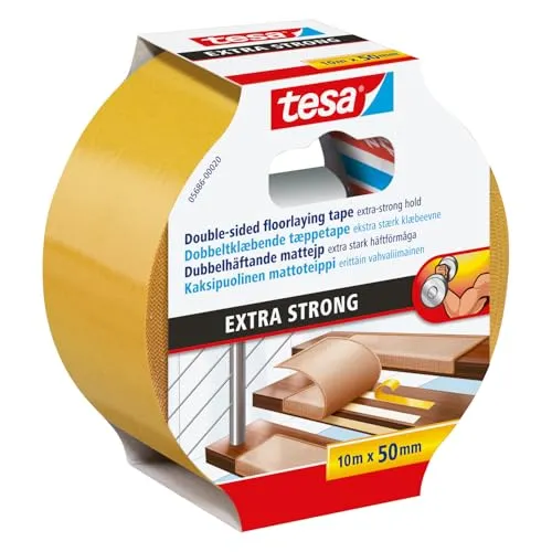 tesa Verlegeband extra stark klebend - Doppelseitiges Klebeband für Teppich und PVC-Belag - Teppichklebeband mit hoher Klebekraft für sicheren Halt auf Böden, Treppen und mehr. Ideal für feuchte Räume und Fußbodenheizung, einfach in der Anwendung.