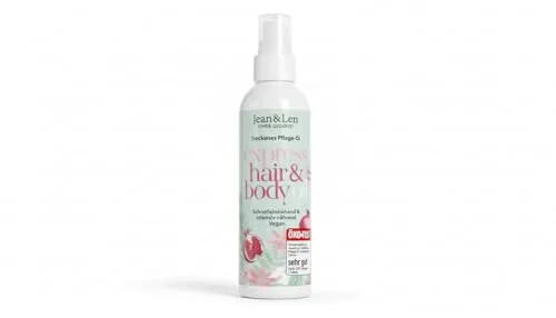 Jean& Len Express Hair+Body Oil mit Granatapfel, 100ml - Vegan und vielseitig einsetzbar für Haar und Körper. Ideal für die tägliche Pflege, zieht schnell ein und hinterlässt ein zartes Hautgefühl. Perfekt für alle, die eine intensive Feuchtigkeitspflege suchen.