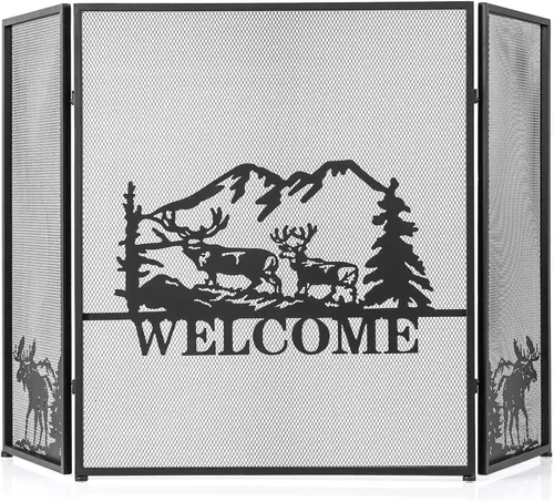 GOPLUS Klappbarer Funkenschutz Metall, 3-teiliges Kamingitter mit Chevron-Muster, 132 x 79 cm, Schwarz - Sicherer Schutz für Ihre Familie: Unser klappbarer Kaminbildschirm aus hitzebeständigem Metallgitter blockiert Funken und Glut effektiv. Elegant im Chevron-Design, leicht zu verstauen und sofort einsatzbereit.