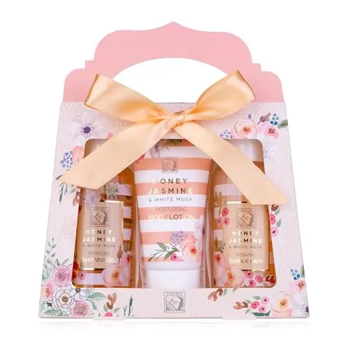 Accentra – Duschset Frauen Geschenkset HONEY JASMINE in schöner Geschenkbox – 3-teiliges Pflegeset mit Duschgel, Bodylotion und Schaumbad – Wellness Geschenk Set zum Geburtstag & Valentinstag