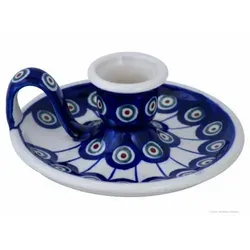 Bunzlauer Keramik Kerzenständer Bunzlauer Keramik retro Chamberstick Kerzenhalter Ø14,5x5,5cm Dekor 8 blau