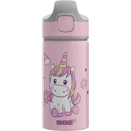 Sigg - Alu Trinkflasche Kinder - Miracle Happy Unicorn - Mit Trinkhalm - Auslaufsicher - Federleicht - BPA-frei - Klimaneutral Zertifiziert - Schule & Sport - Pink mit Einhorn - 0,4L
