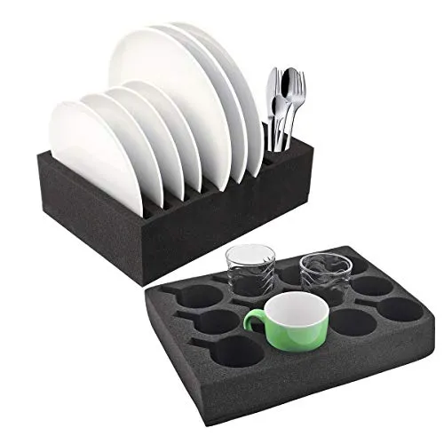 Wamovo Geschirrständer 2x Geschirrhalter - Praktisches Abtropfgestell für Teller, Tassen und Gläser, inklusive 1x Tellerhalter und 1x Gläserhalter aus schwarzem Schaumstoff für optimale Stabilität.